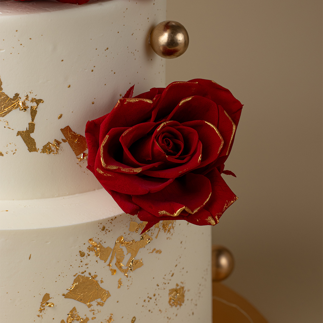 Minimalist Cake with Gold-dipped Red Roses and Feather Lights