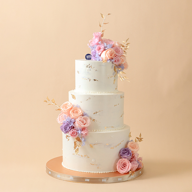 Pastel Pink, Coral and Lavender Preserved Florals Cake
