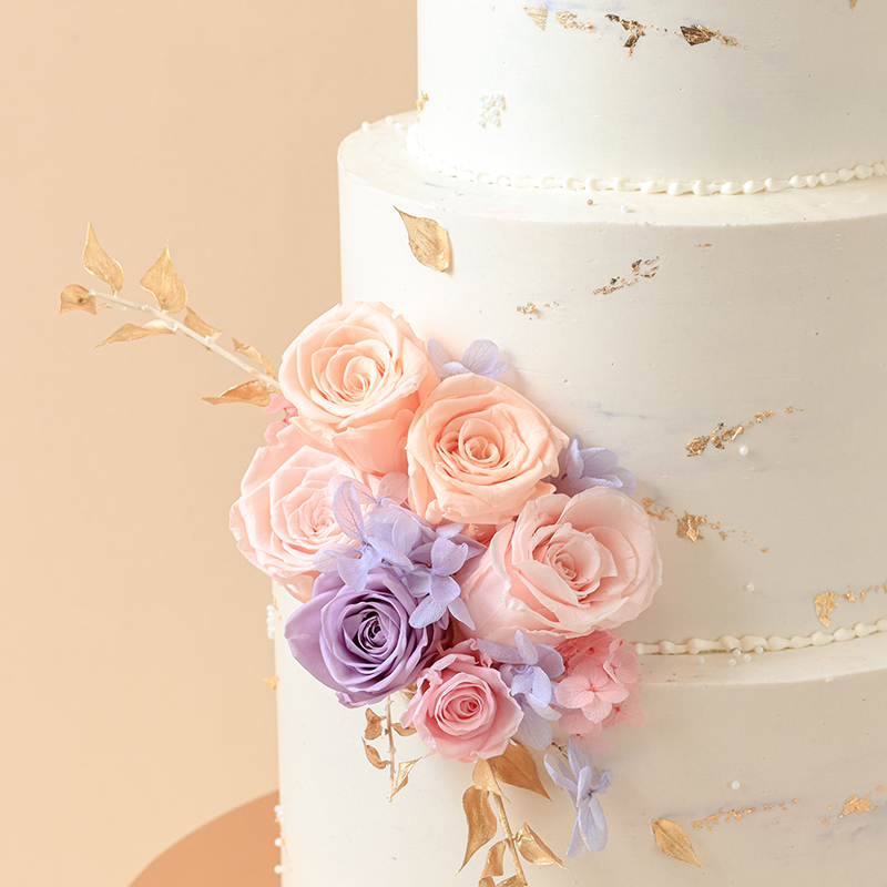 Pastel Pink, Coral and Lavender Preserved Florals Cake