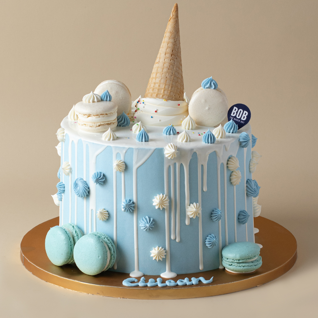 Upside Down Ice Cream Cone Cake in Blue