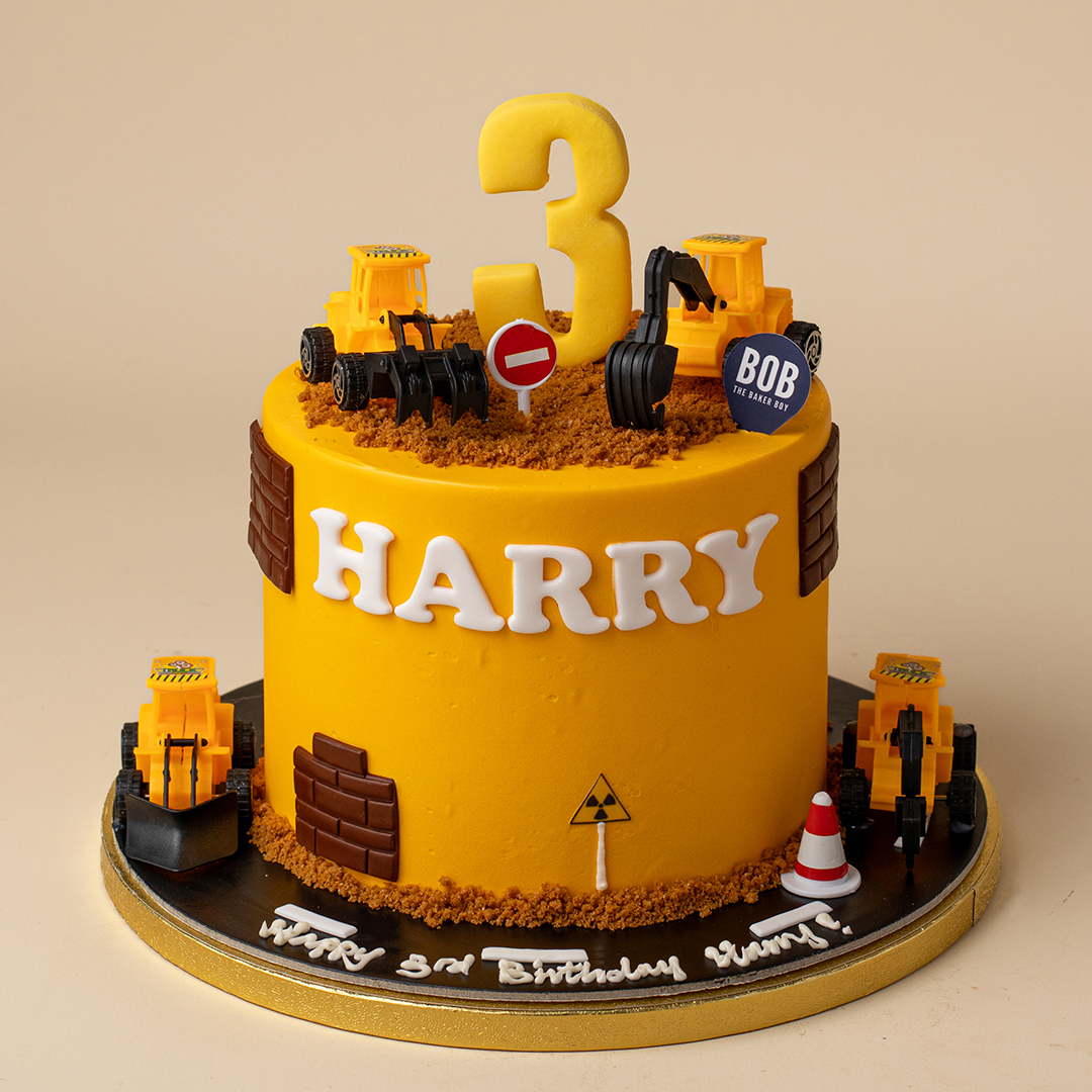 Yellow Construction Excavator Cake with Bricks