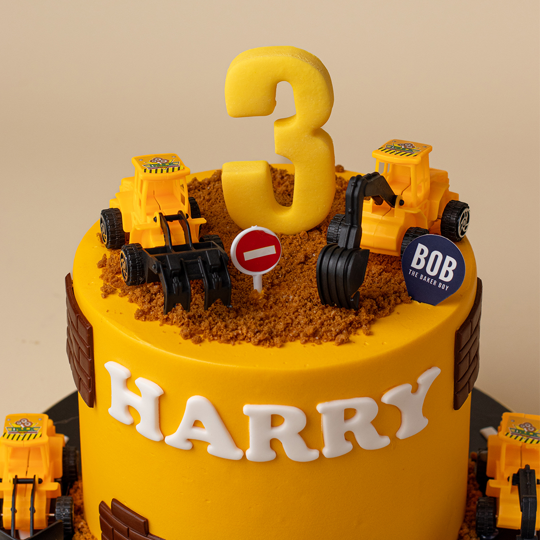 Yellow Construction Excavator Cake with Bricks